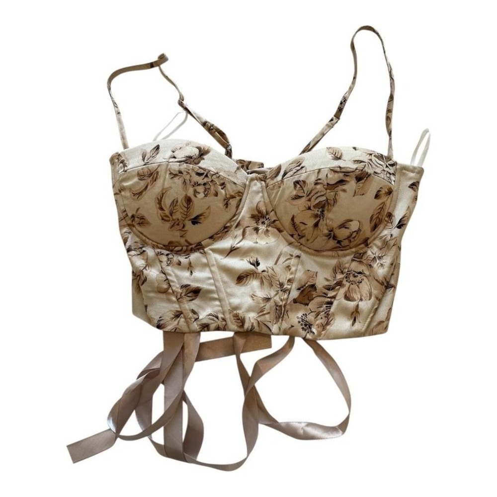 Womens corset top lace up satin‎ floral bustier cream size M coquette fairycore